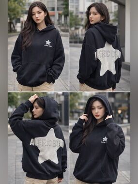 Aelfric Eden Oversized Black Star Hoodie Size M Luxe Streetwear Graphic Pullover